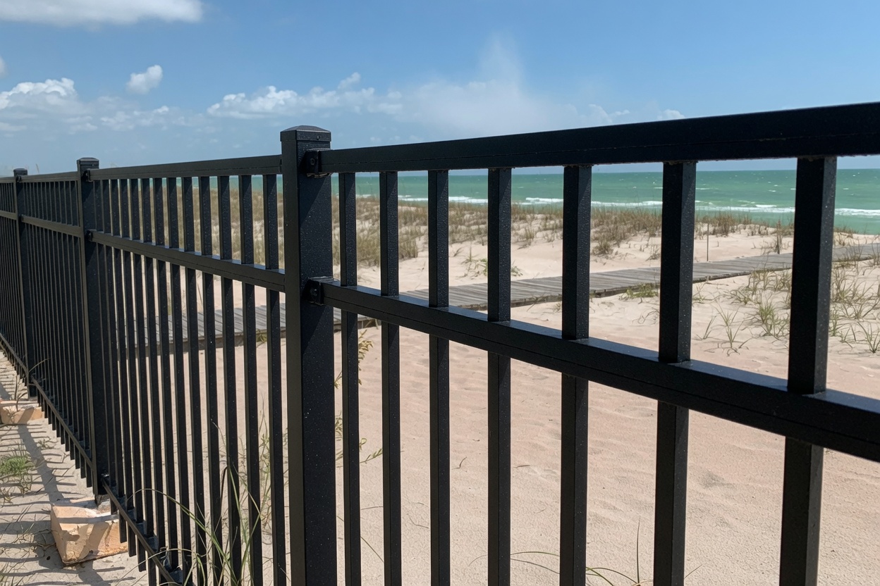 A black powder coated aluminum fence stands near a Gulf Coast Florida beach with dunes and open water behind it, its finish still intact in the salt air. Aluminum does not rust the way steel does, so it holds its look near the water where coated steel eventually loses the battle. This corrosion resistance is why aluminum is the common recommendation for waterfront and near water lots on the Panhandle.