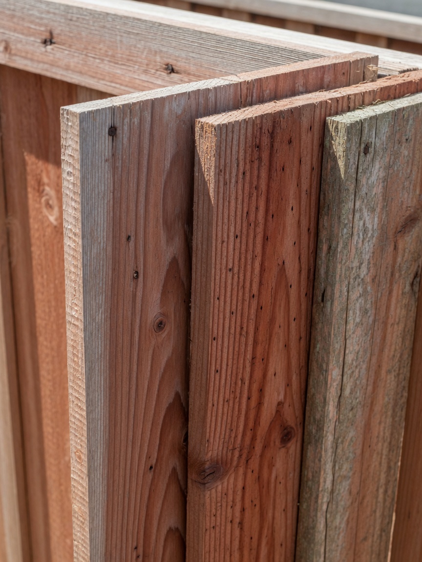 A close up of board on board privacy fence construction, where each cedar board overlaps the gap behind it so no daylight passes between the boards. This overlap keeps the panel private even after the wood shrinks a little in dry weather, which is why it is a popular request for a fence meant to last. It is the construction detail that turns a plain fence into a true privacy fence.