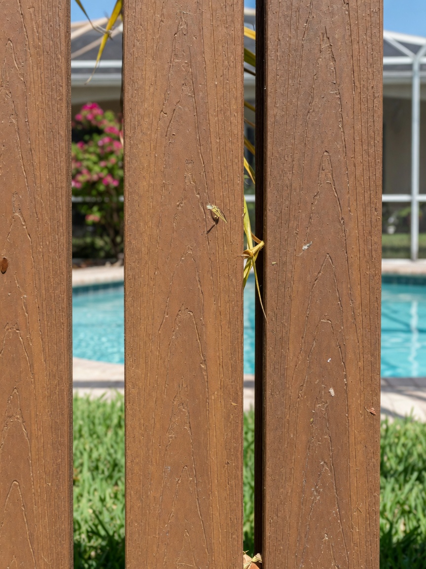 A close up of wood grain textured composite fence boards in a warm brown tone, showing the solid heft that reads closer to real lumber than hollow vinyl does. The wood fiber gives the grain and weight while the plastic content resists rot, insects, and moisture. That combination is exactly why composite suits homeowners who want the wood look without the wood chores on a humid coast.