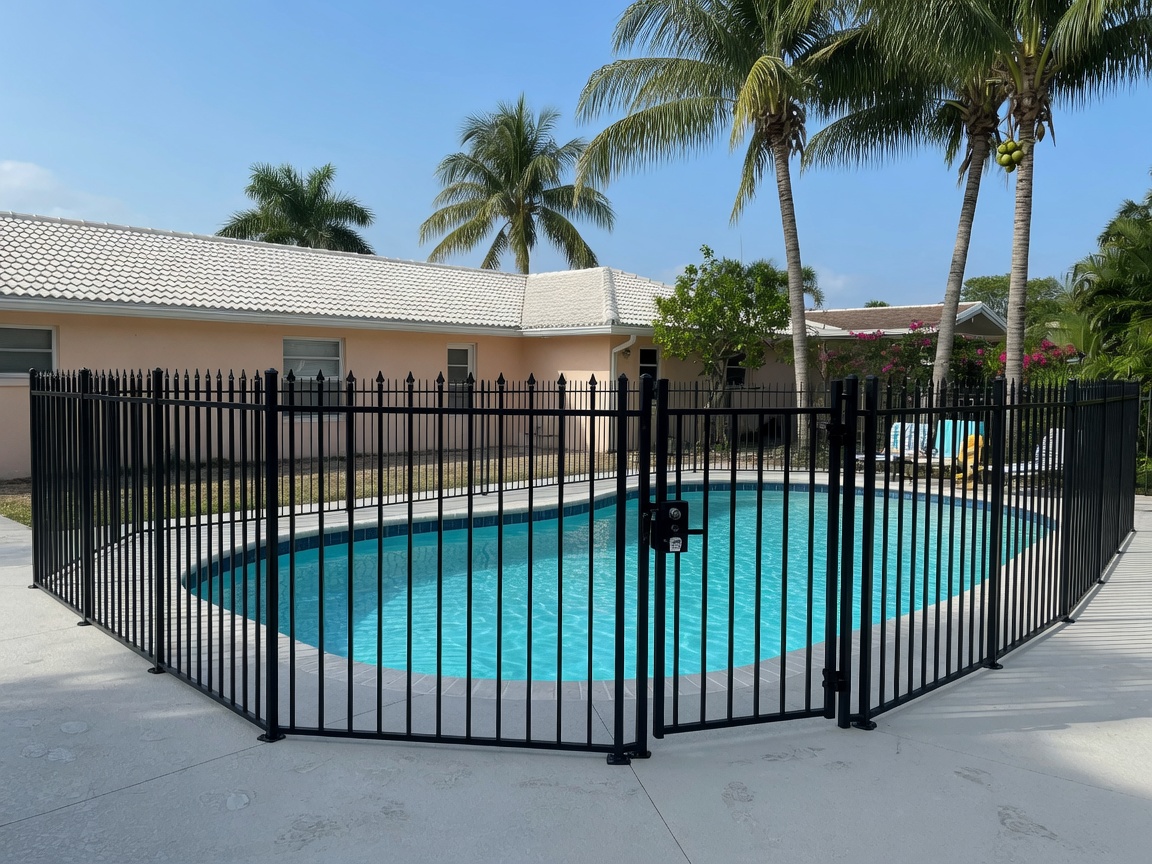 A black aluminum pool safety fence surrounds a residential swimming pool at a Florida home, fully enclosing the water with vertical pickets and a self closing gate. Florida law requires a safety barrier like this around residential pools to keep young children from reaching the water unsupervised. Aluminum is a popular pool barrier here because it resists salt air corrosion while its pickets stay hard to climb.