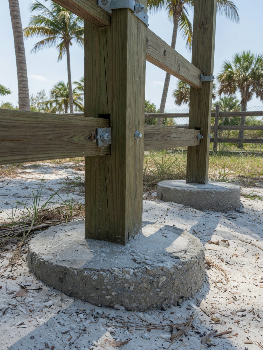 Pressure treated wood fence posts set deep in wide concrete footings in a sandy Gulf Breeze backyard. The posts are braced with galvanized hardware and sunk well below grade so the run resists both hurricane wind and the ground softening that follows heavy rain. This deep footing is the single biggest reason a coastal fence survives storm season on the Florida Panhandle.