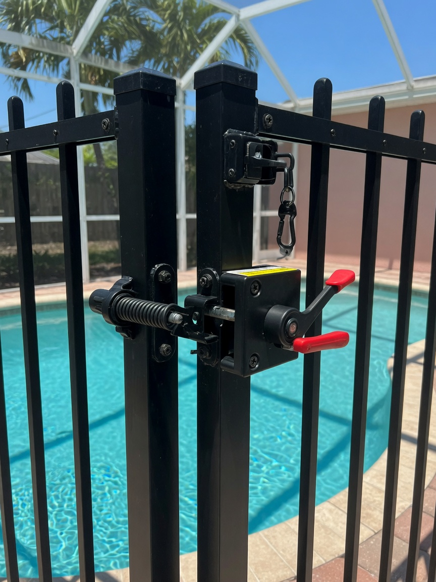 A close up of the self latching gate hardware on a black aluminum pool fence, with the latch release set high above the reach of a small child. Florida's statute calls for pool barrier gates to open outward, swing shut on their own, and latch automatically every time. This gate hardware is the detail that most often separates a compliant pool fence from an ordinary one.
