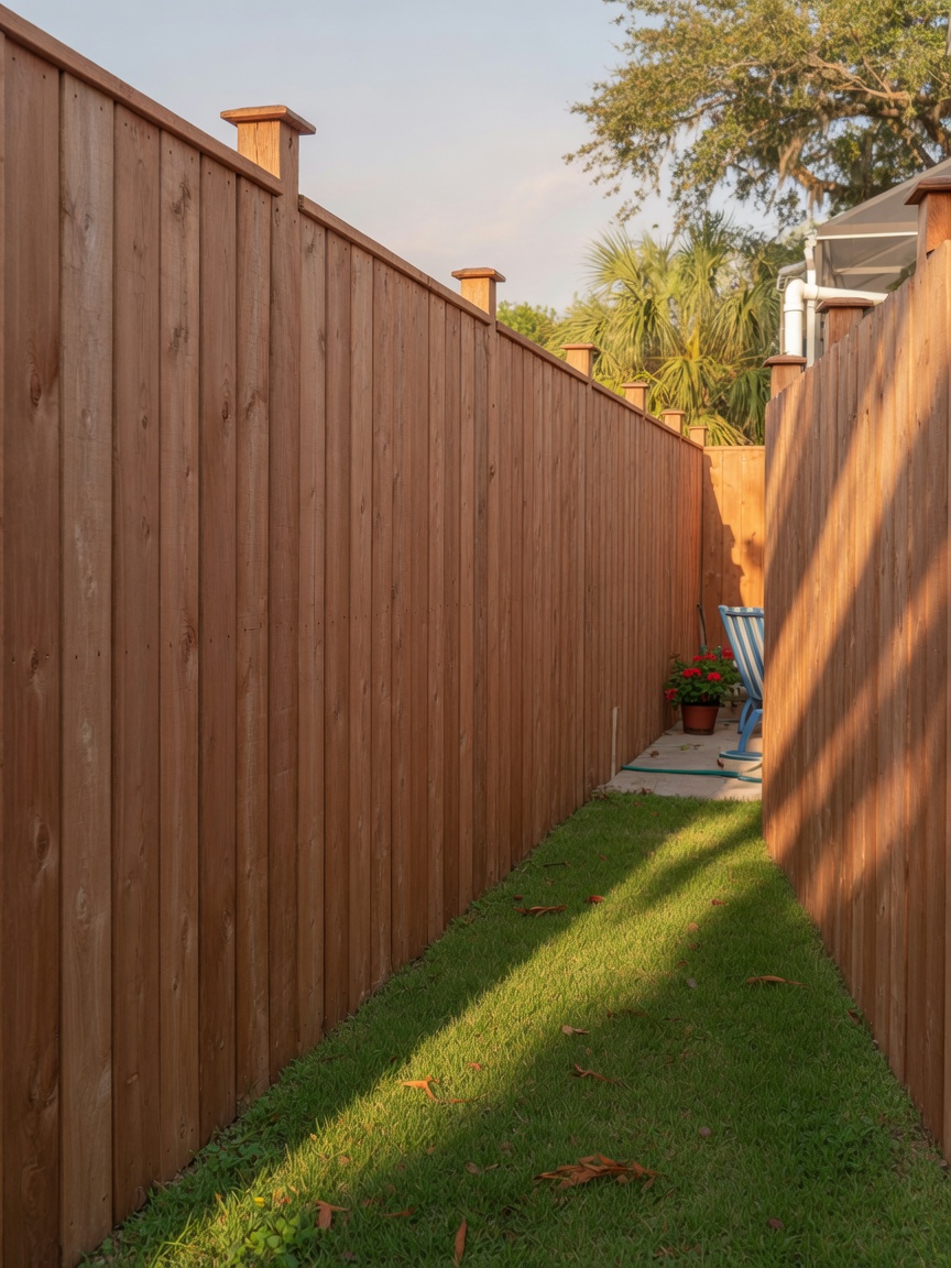A six foot cedar wood privacy fence encloses a Gulf Breeze backyard with the boards set tight edge to edge for full screening. At this height the fence blocks the sight line of a standing adult on a level yard, which is the whole point of a privacy fence. This is the most requested privacy height our crew builds on the Florida Panhandle.