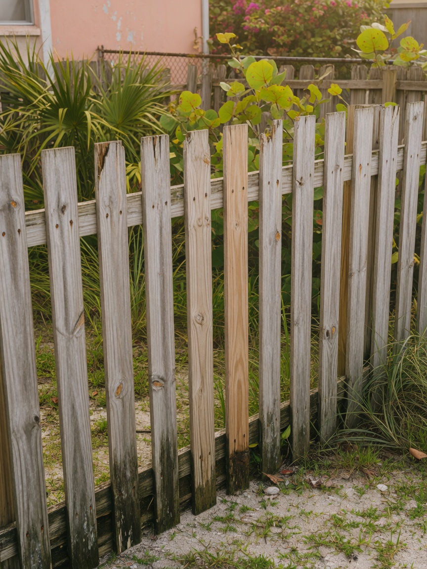 A wood privacy fence weathering to a silver gray patina in a humid Florida coastal yard, with a few boards showing the wear that comes from years of wet and dry cycling. Humid, salt touched air is harder on wood than it is inland, so a coastal wood fence needs more diligent sealing to hold off moisture. This is the upkeep reality that pushes many near water homeowners toward vinyl.