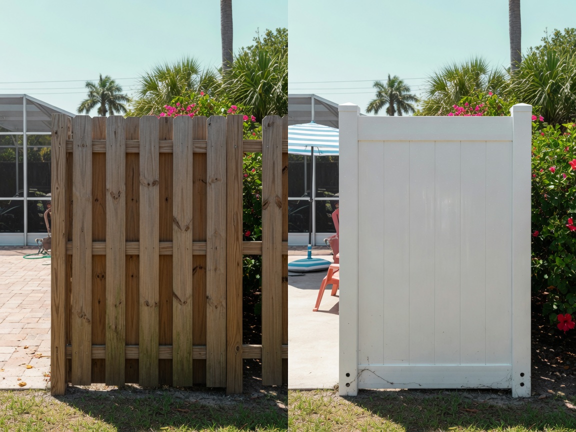 A natural cedar wood privacy fence stands beside a white vinyl privacy fence in a Gulf Breeze backyard, both built to the same six foot height. The wood side shows warm grain and the vinyl side shows a clean uniform manufactured face, the exact visual tradeoff most coastal homeowners weigh. Either material screens the yard fully, so the real decision comes down to cost, upkeep, and how each holds up in salt air.