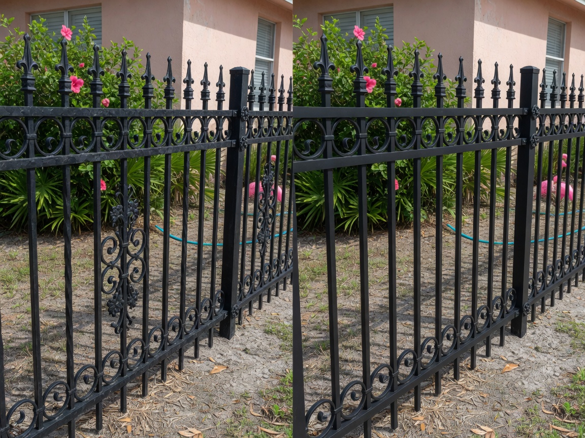 An ornate black wrought iron fence stands beside a black aluminum fence in a Florida yard, and from a step back the two are nearly identical in look. Both are built as open pickets with decorative tops that frame a yard without walling it off. Up close and over the years, though, weight, rust, and cost set them apart, which is what decides the choice near salt air.