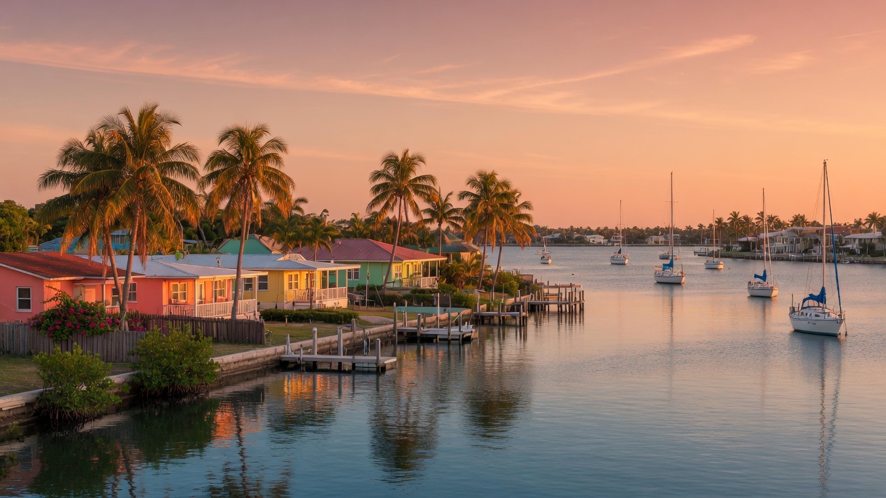Calm Gulf Coast bay at golden hour with sailboats and palm trees near Gulf Breeze Florida