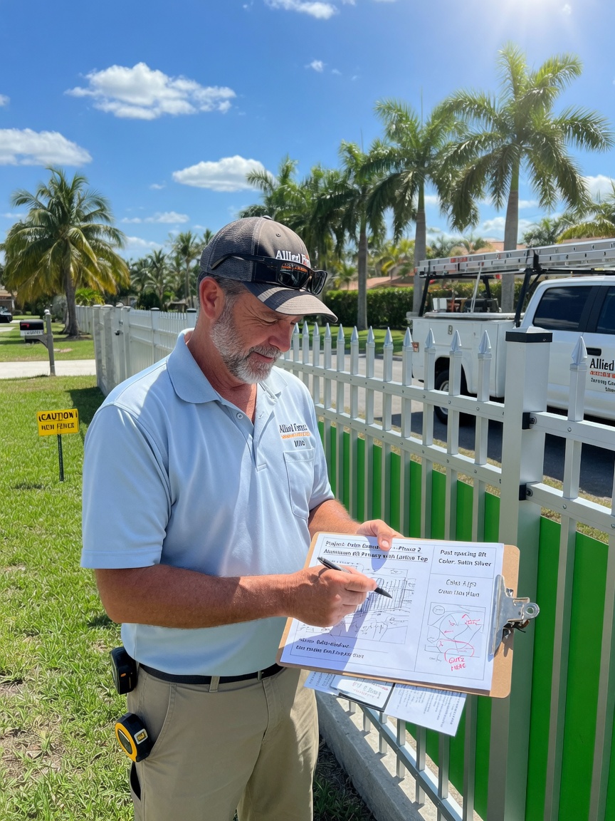 Constantine Doukas reviewing a project plan on a clipboard, working through setback and hardware details before a fence goes in.
