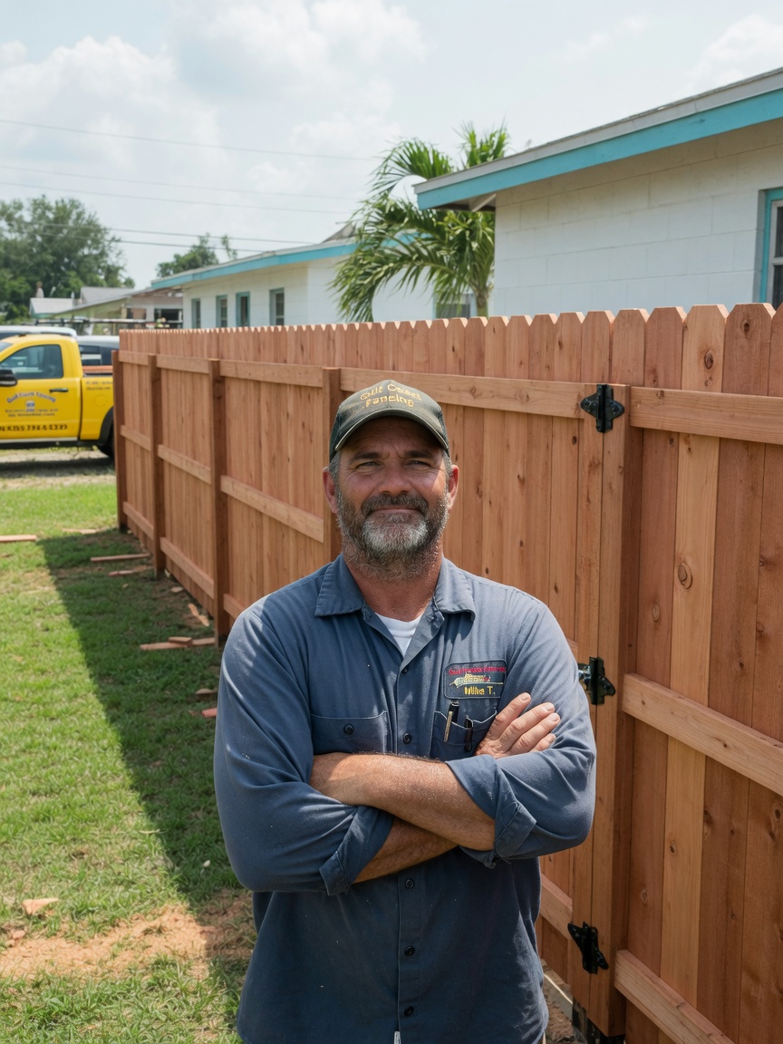 Constantine Doukas standing with his arms crossed in front of a finished cedar privacy fence on the Gulf Coast.