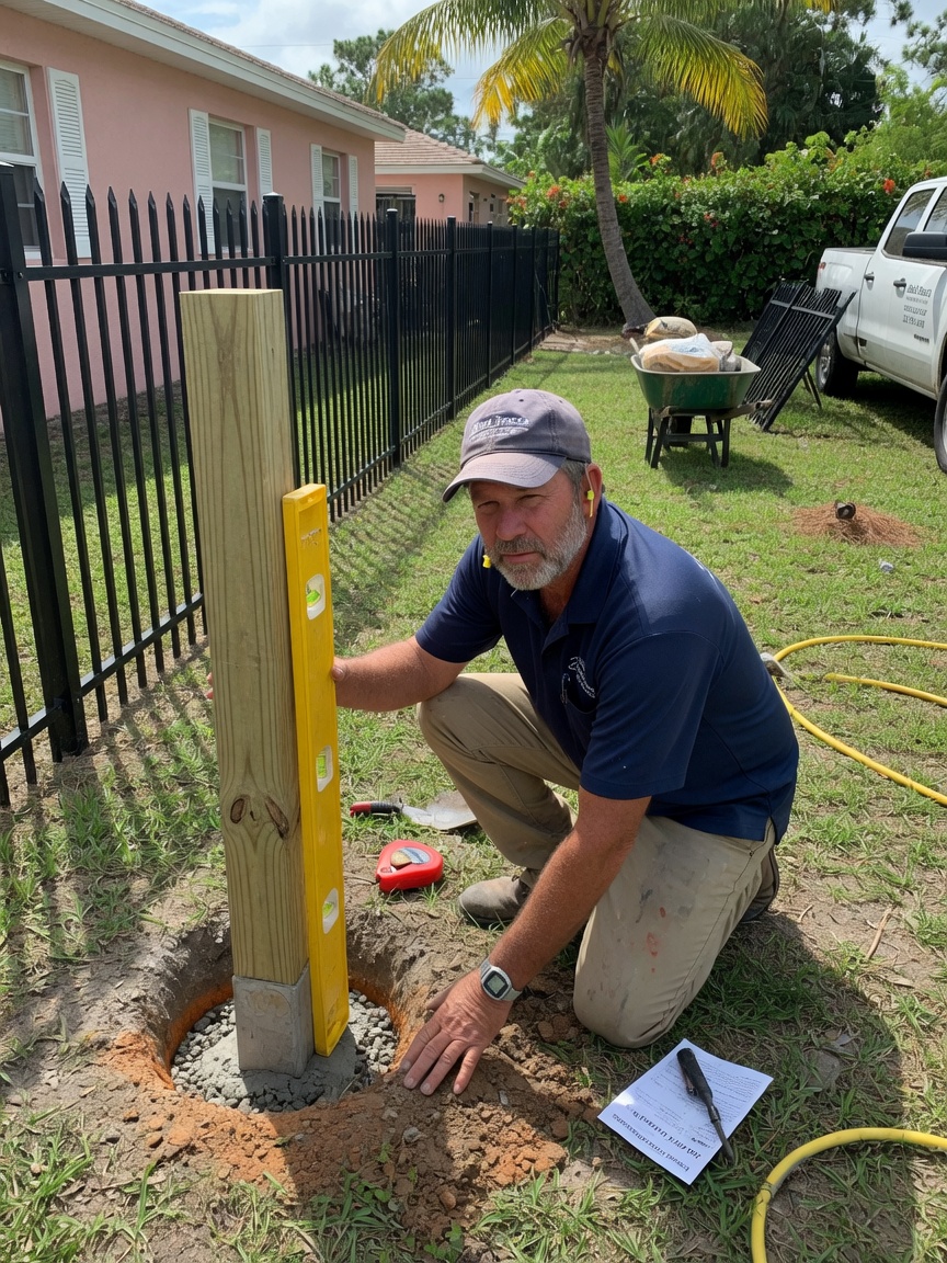 Constantine Doukas crouched at a job site, checking that a fence footing has set square before he trusts a post to it.