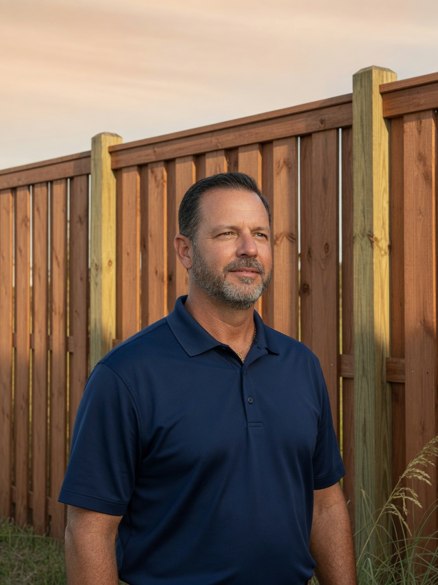 Constantine V. Doukas, founder and owner of Gulf Breeze Fence, standing in front of a cedar fence