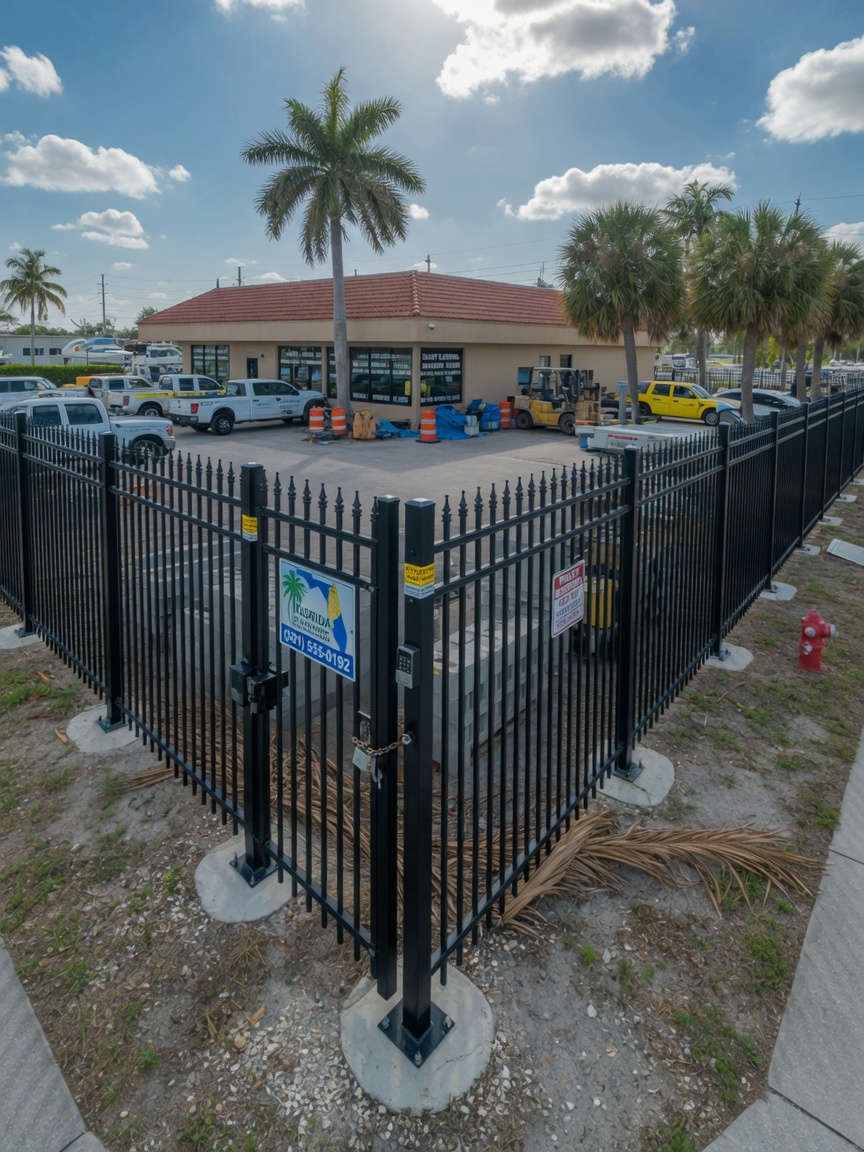 Aluminum fence securing a commercial lot on the Gulf Coast