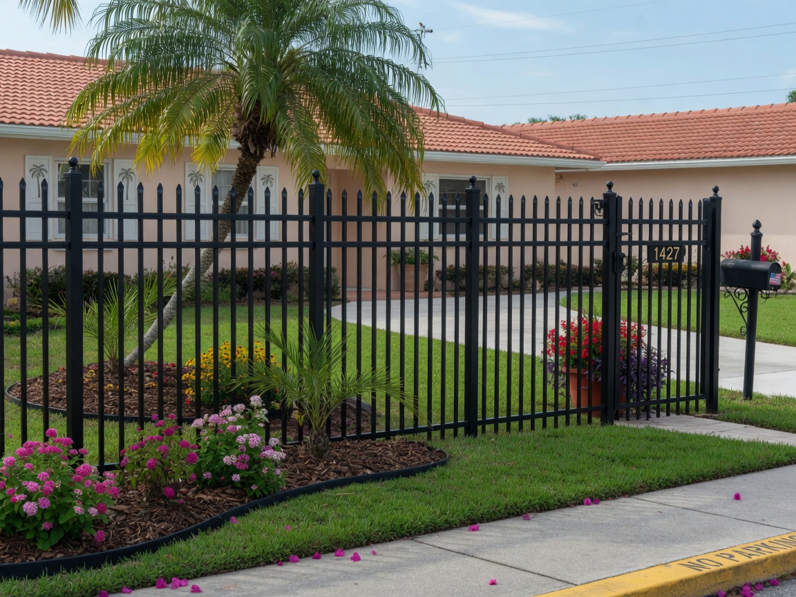 Ornamental aluminum front yard fence with landscaping in Pensacola