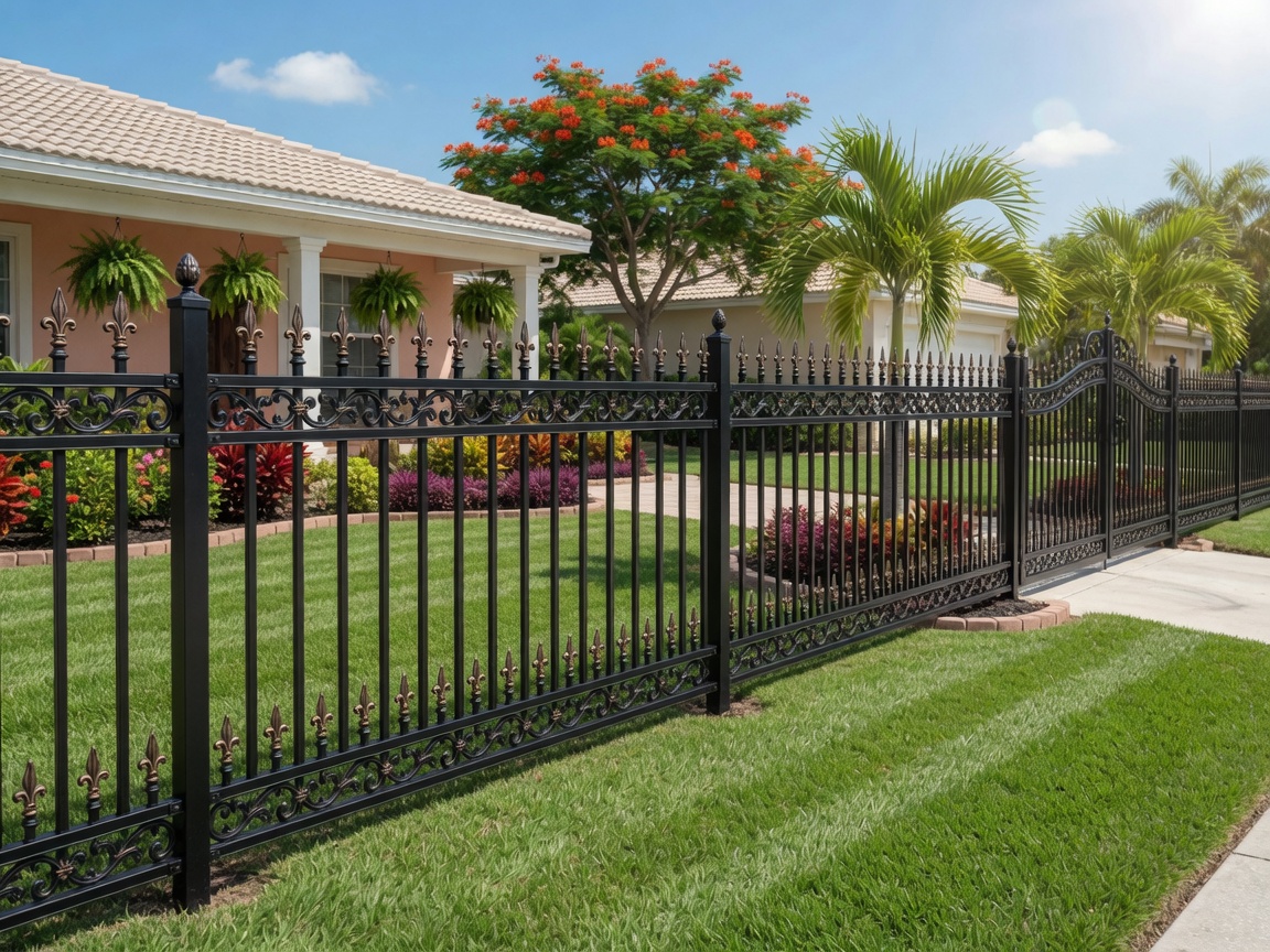 Black ornamental aluminum fence around a Florida front yard