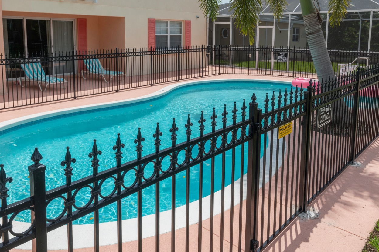 Black aluminum pool safety fence enclosure our crew built in Gulf Breeze