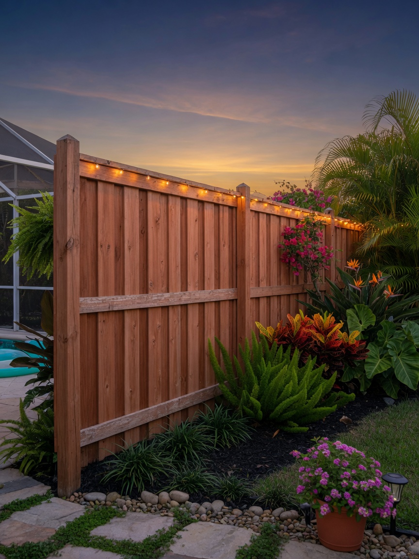 Tall cedar privacy fence at dusk in a Florida backyard