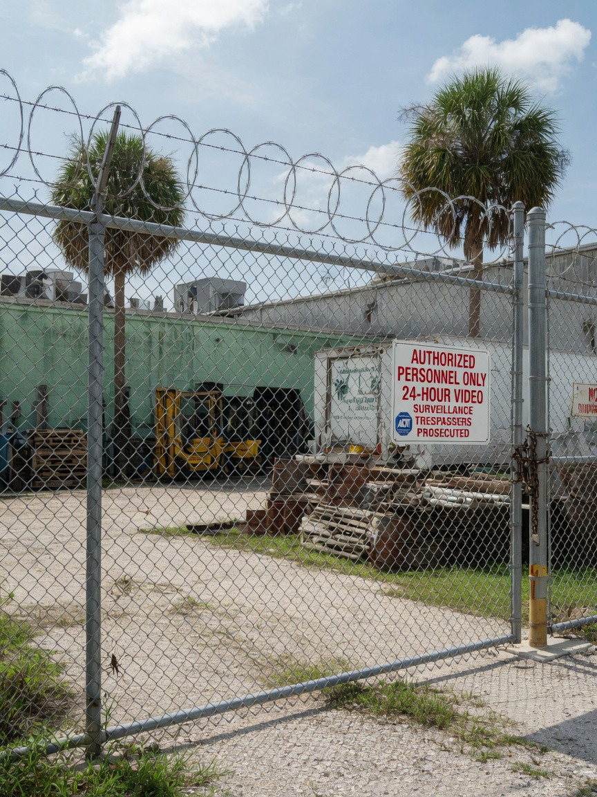 Tall chain link security fence securing a commercial site on the Gulf Coast