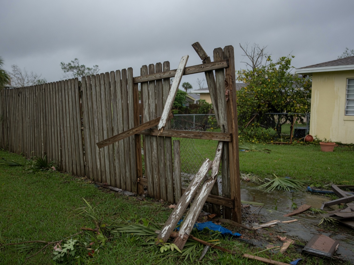 Storm damaged leaning wood fence in a Florida backyard we repaired