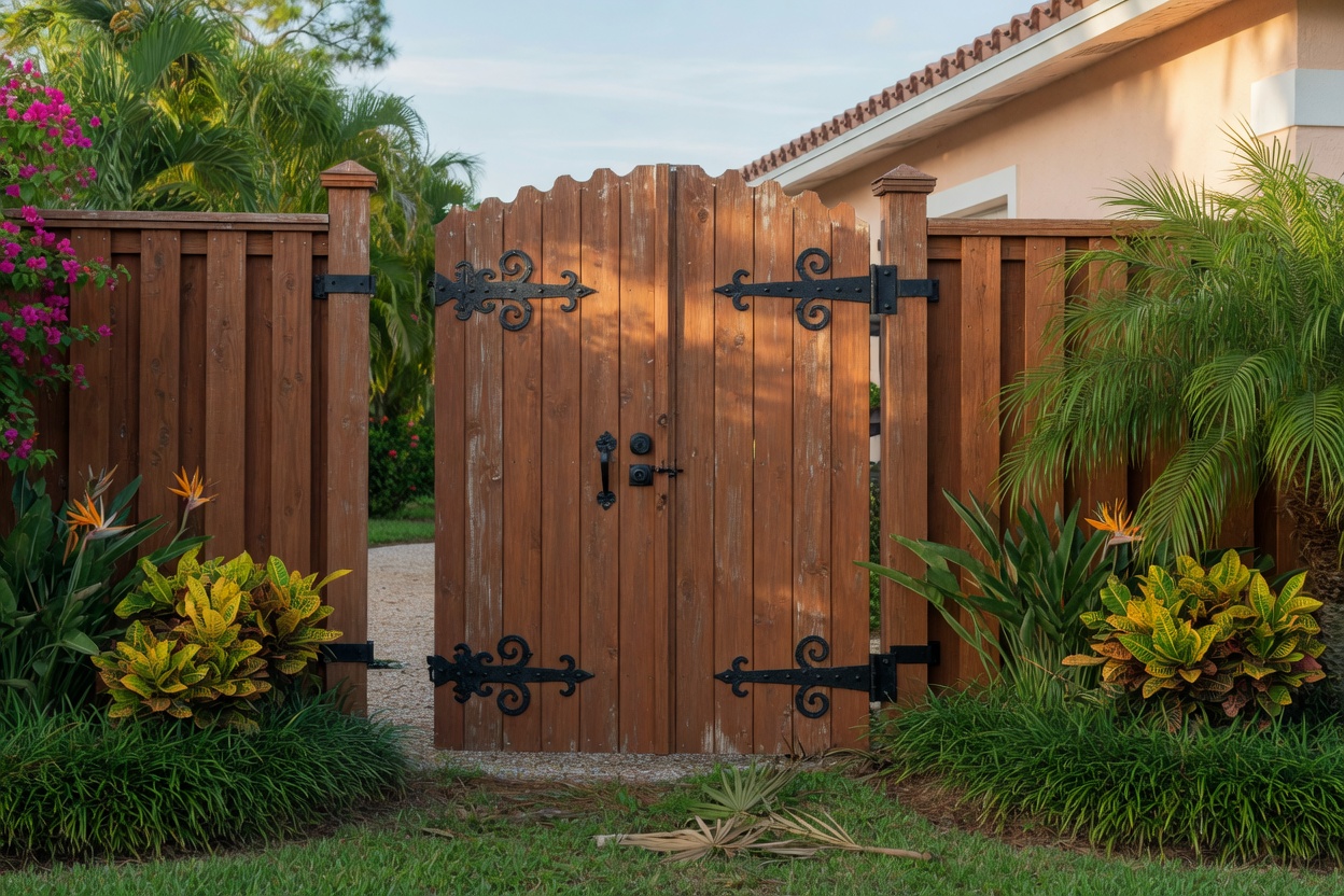 Wooden driveway gate with metal hardware in a Gulf Breeze fence