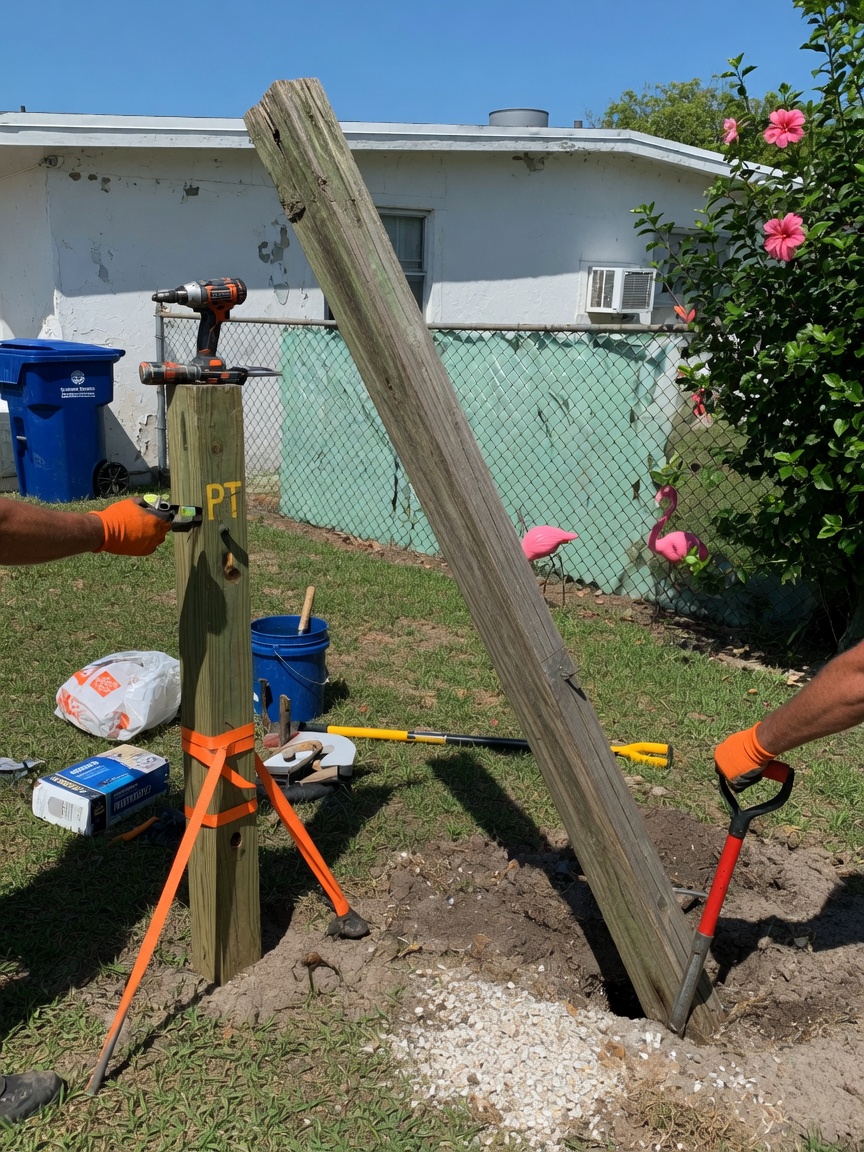 Leaning fence post reset and straightened by our Gulf Breeze crew