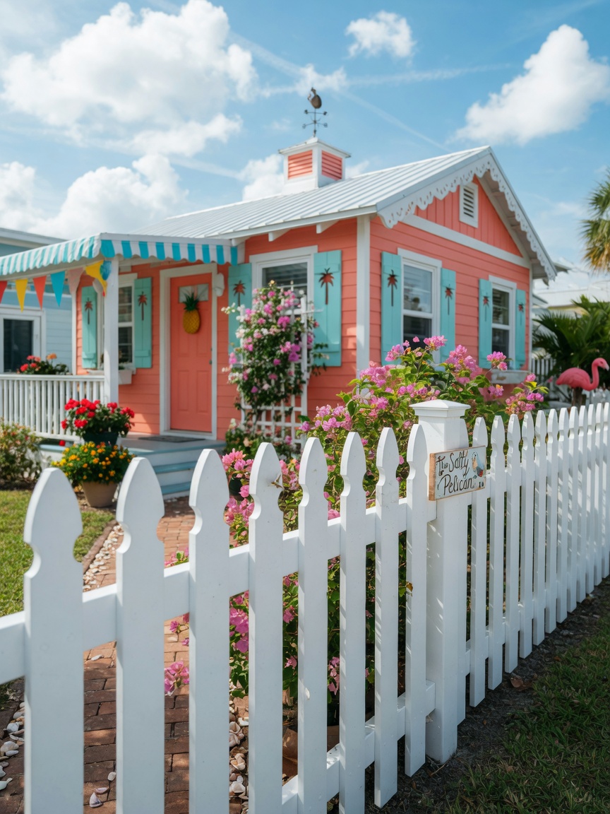 White vinyl picket fence in front of a coastal Florida cottage