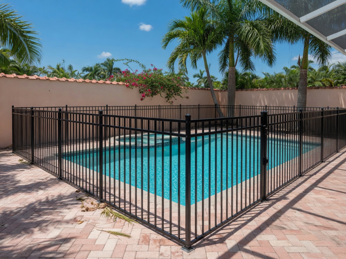 Aluminum pool safety fence around a turquoise Florida pool