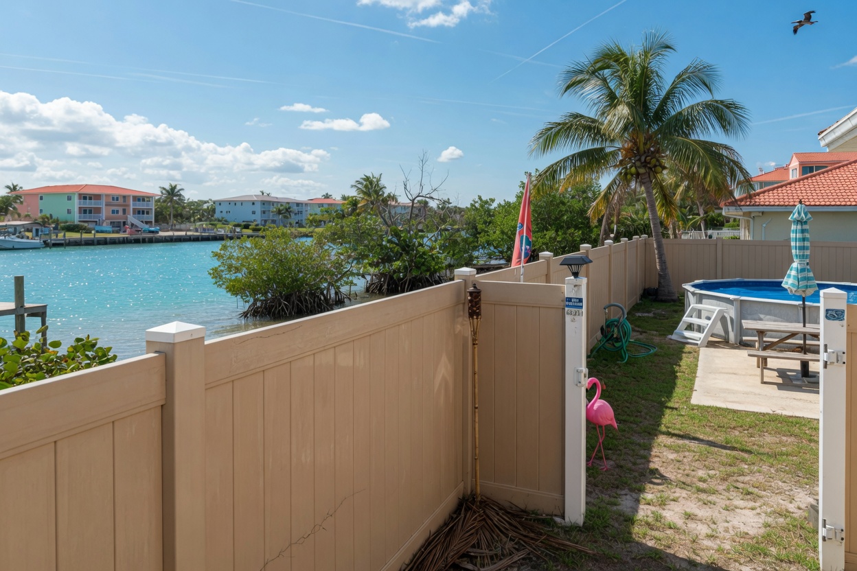 Tan vinyl privacy fence installed in a Pensacola backyard