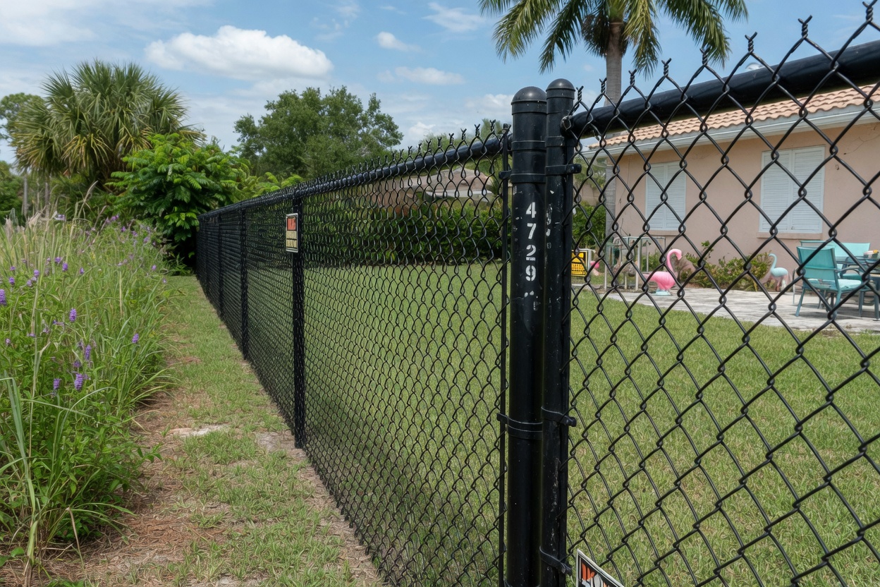 Black vinyl coated chain link fence installed along a Pensacola property line