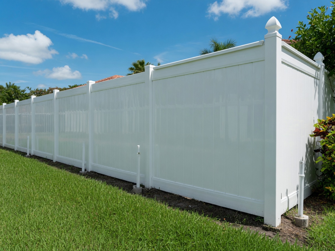 White vinyl privacy fence installed in a sunny Florida yard