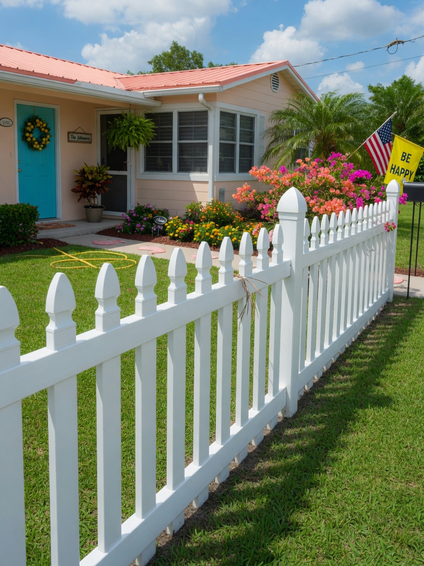 White vinyl picket fence lining a Gulf Breeze front yard