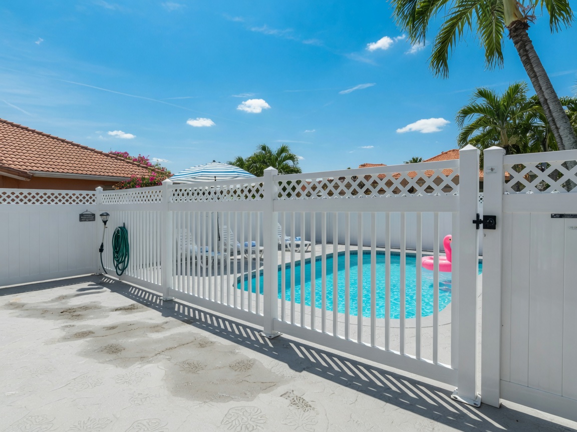 White vinyl privacy fence our crew set around a Gulf Breeze pool
